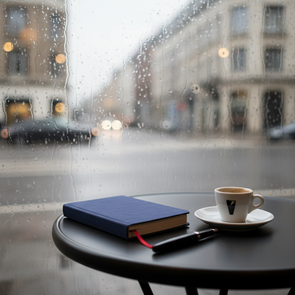 A small round café table by a rain-speckled window, its dark metal surface holding a closed cloth-covered notebook with a ribbon marker, a black ink pen aligned perfectly beside it, and a delicate white saucer cradling a half-finished espresso. Outside, the cityscape is rendered as a soft, out-of-focus tapestry of muted lights and silhouettes. Overcast daylight filters through the glass, creating soft highlights on the notebook’s textured cover and subtle reflections on the saucer’s rim. Shot at eye level with a shallow depth of field in photographic realism, the composition feels contemplative and cinematic, evoking the quiet aftermath of a deep conversation or an unfinished philosophical musing.