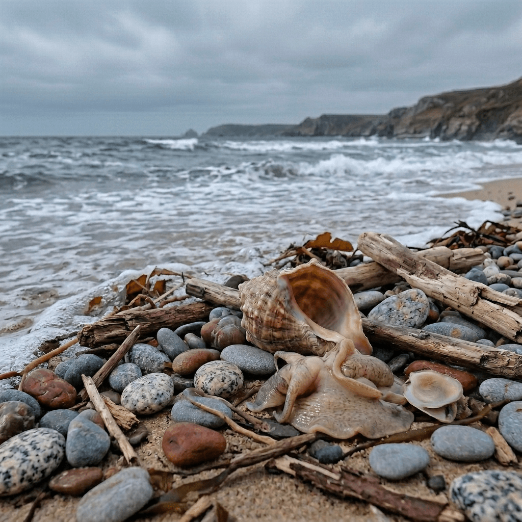 Seashell lying on pebbles and sand on a beach with ocean waves and cliffs in the distance